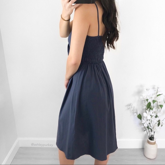 Navy blue knot tie front button midi dress - Picture 4 of 4